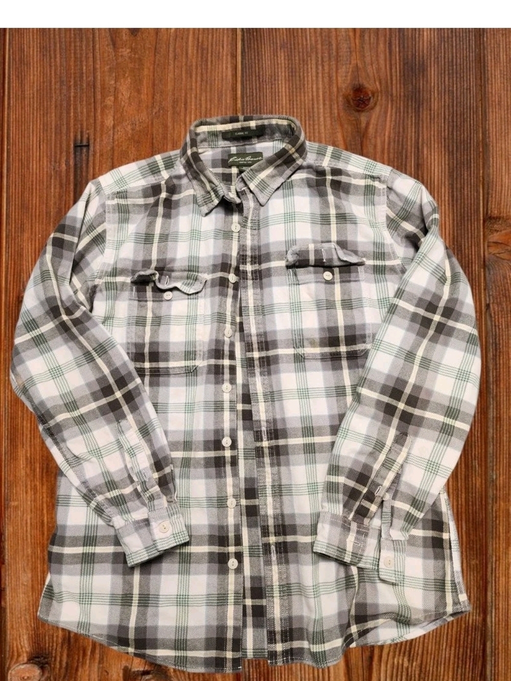 Eddie Bauer White & Green Plaid Button-Down Shirt